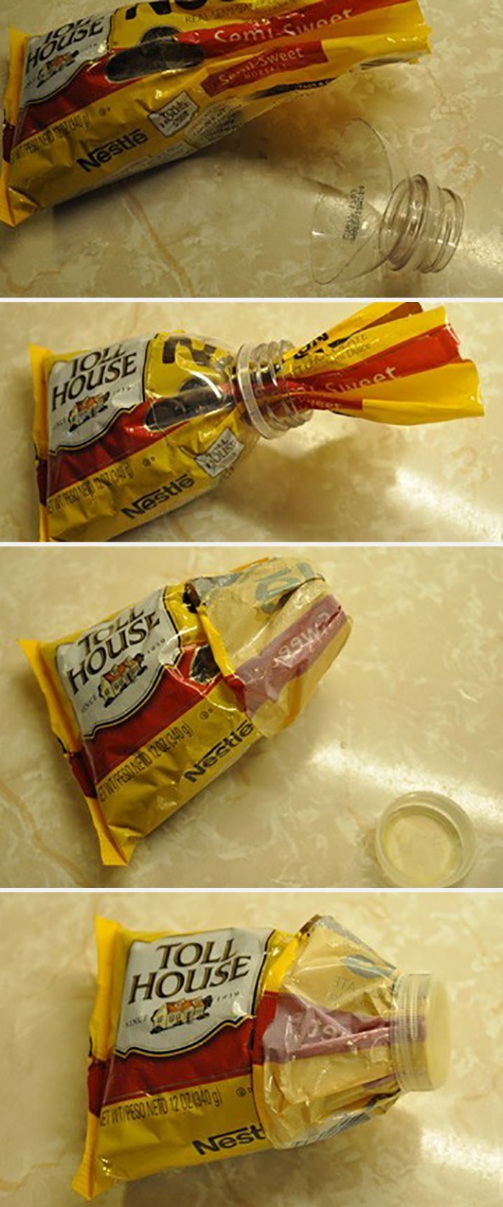 2. Gebruik het bovenste gedeelte van de fles om een open zakje op de perfecte manier te sluiten.
