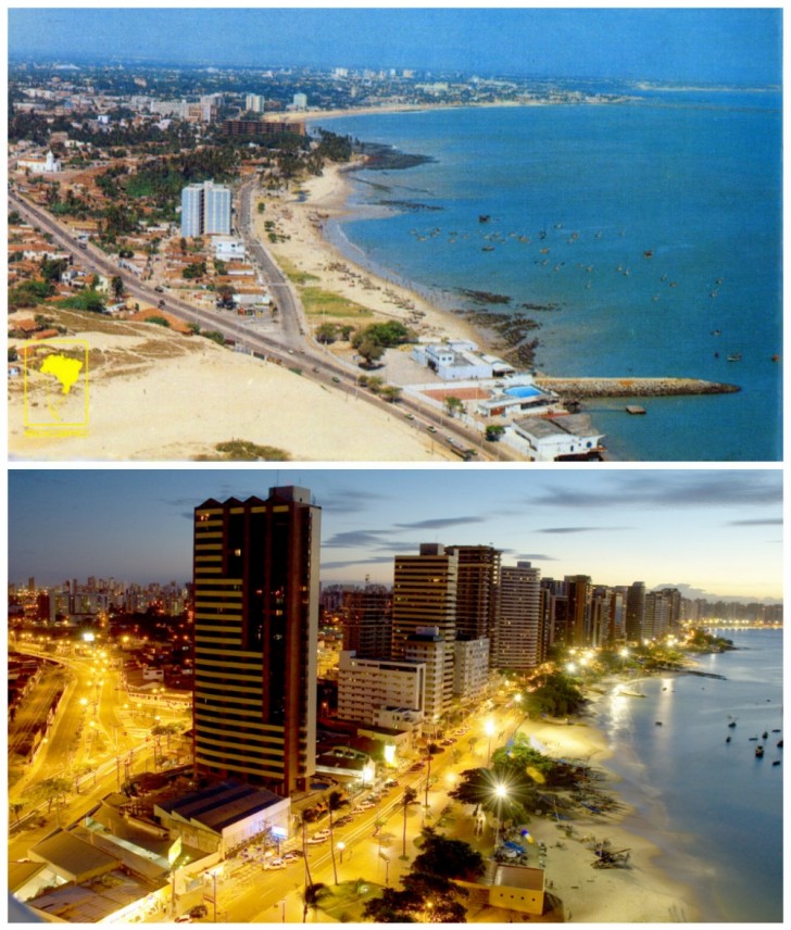 La spiaggia di Fortaleza (Brasile) nel 1980 e oggi.