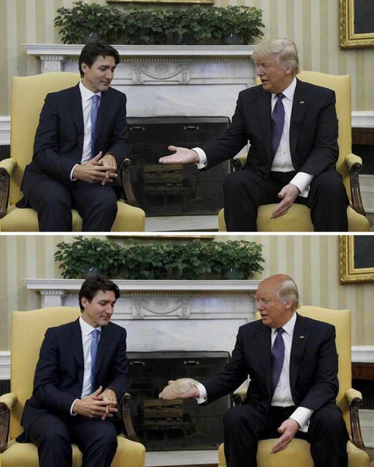 Qualcosa non convice Trudeau a stringere la mano del Presidente Trump.
