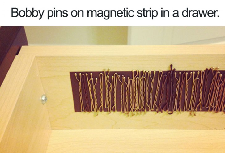 16. Attach a magnetic strip to the inside of a drawer to keep bobby pins in order.