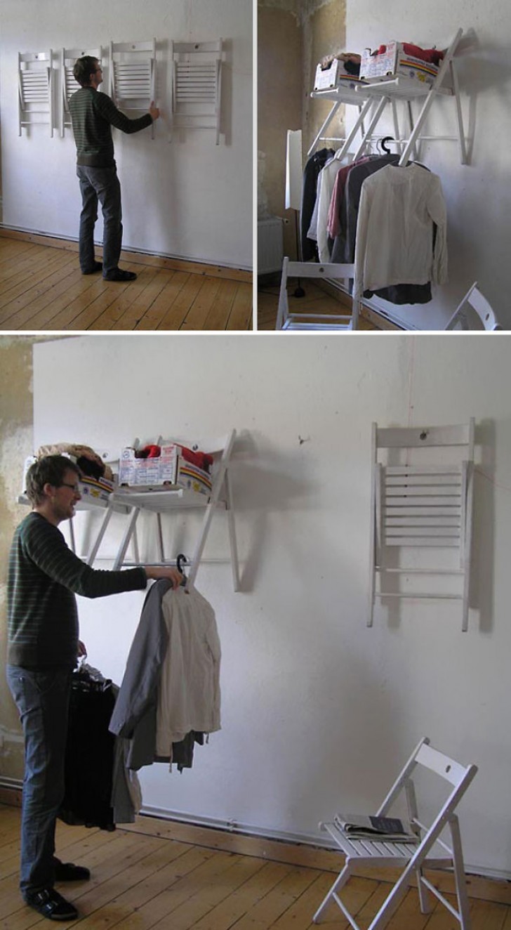 18. Did you know that with two wooden chairs you can make an open wall storage closet? And it can hold a lot of clothes!