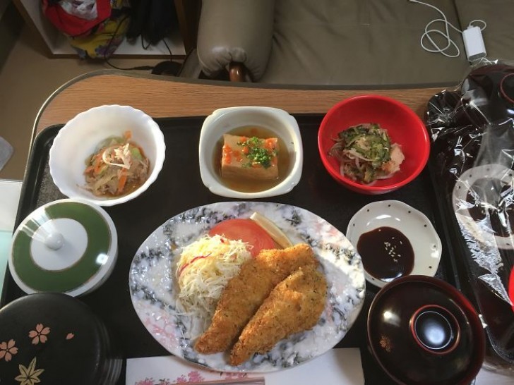 Hühnchenspieße mit Kraut, Tofu, Karottensalat, Reis und Miso Suppe