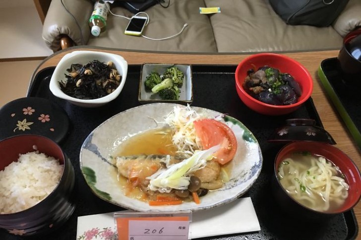 Lachs mit Pilzsauce, Nudeln in Brühe, Reis, Rindfleisch und Auberginen, Brokkoli und japanischer Salat