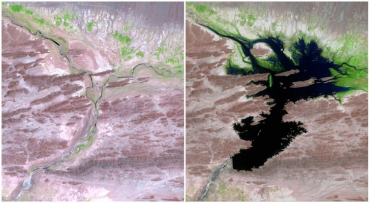 15. La rivière Dasht-e Lut avant et après la construction du barrage de Mirani. Août 1999 - juin 2011.
