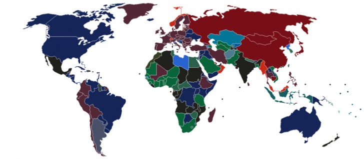 Questa cartina illustra i paesi divisi per il colore dei loro passaporti (incluse le varie sfumature).