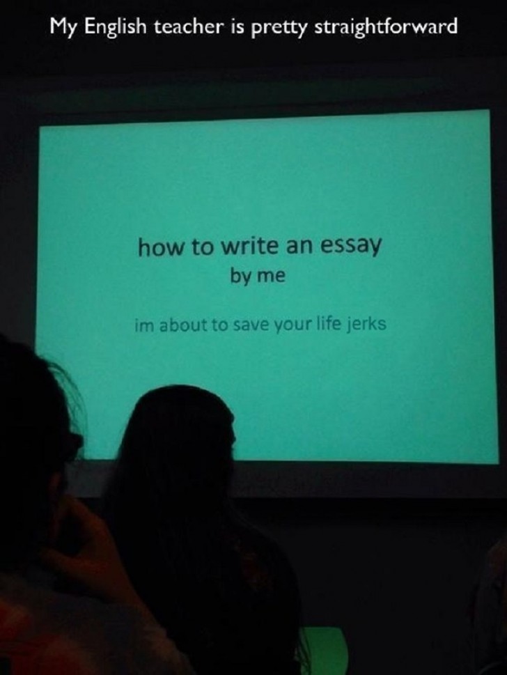 A lezione di letteratura inglese il docente dà il via alle slide con questa scritta: "Come scrivere un saggio", scritto da me. Vi salverò la vita, idioti.