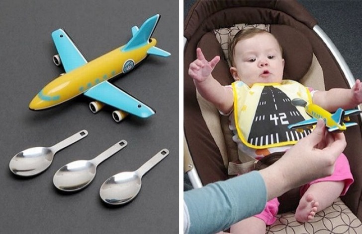 14. A fun-meals set inspired by the classic "airplane" maneuver used to get babies to open their mouths and eat their food!