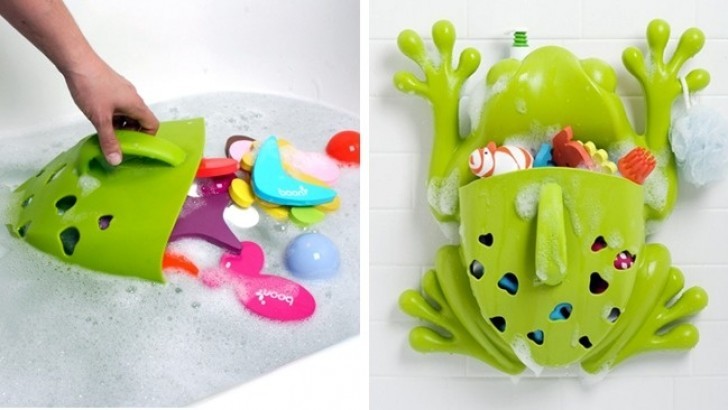 16. Boon Frog Pod Bath Toy Scoop and Storage to gather bathing toys and games quickly and hang them dry (via suction cups).