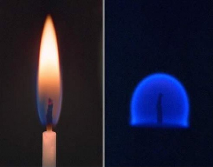 25. On the left is a photo of a candle lit in a space subjected to gravity and on the right is a candle lit in the absence of that same force.