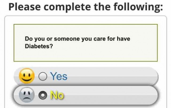 Rispondere a questa domanda: "Soffri di diabete? Qualcuno a cui tieni?". Sì: 😊, No: 🙁.
