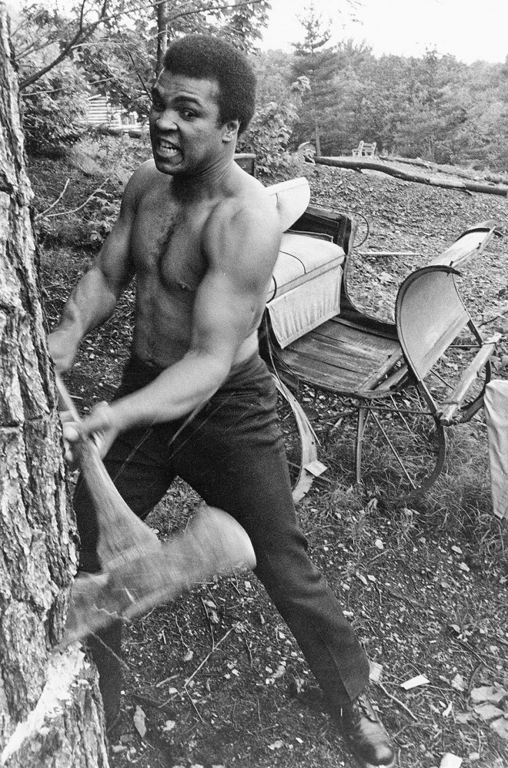 5. Mohamed Alì s'entraîne en coupant un arbre pour rencontrer George Foreman en 1974.