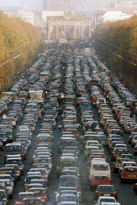 17. A traffic jam in Berlin after the fall of the wall.