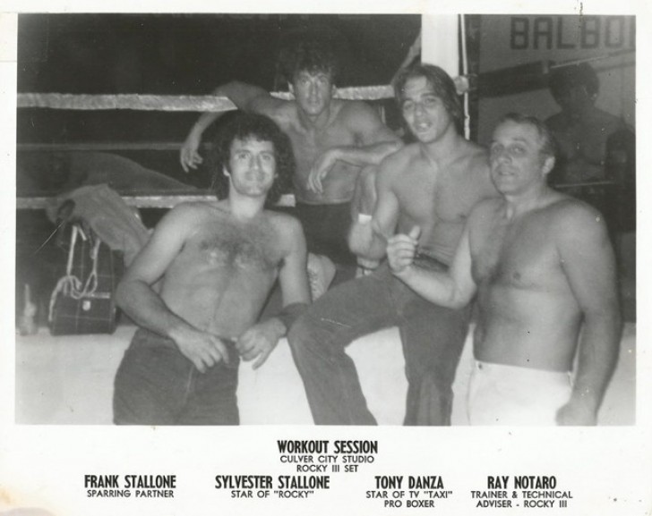 Tony Danza, Sylvester and Frank Stallone and my great-grandfather after a workout (1979).