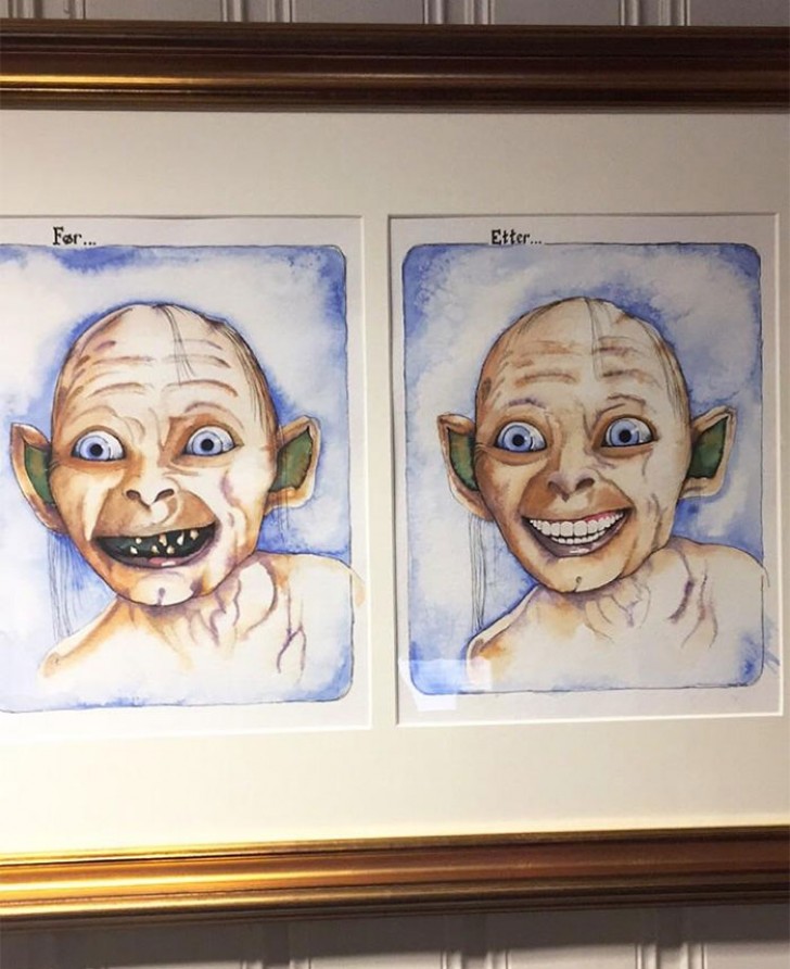 In deze wachtkamer van een Noorse tandarts worden mensen verwelkomd met de stralende glimlach van Gollum: voor en na!