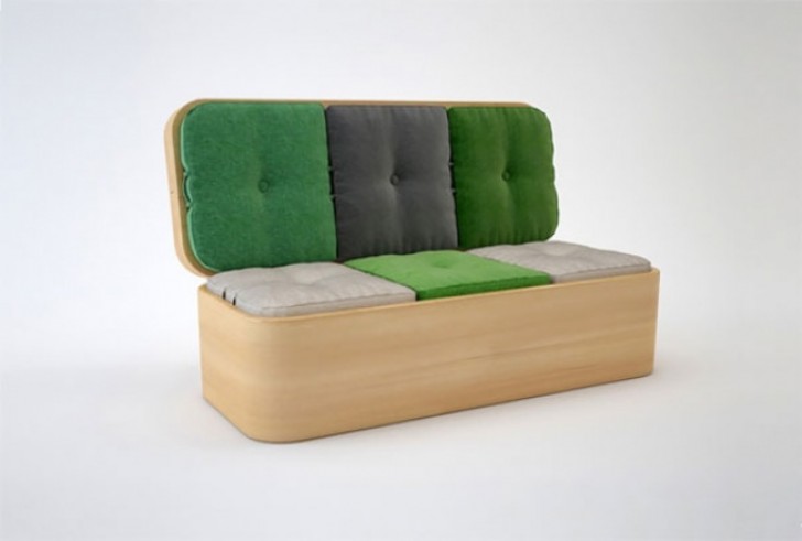16. A convertible sofa that turns into a real tea table with matching chairs.