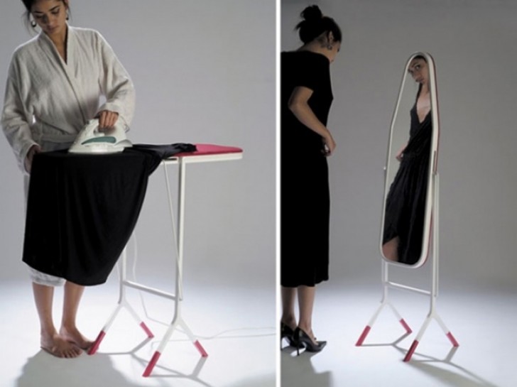 19. An ironing board with a mirror on the back.