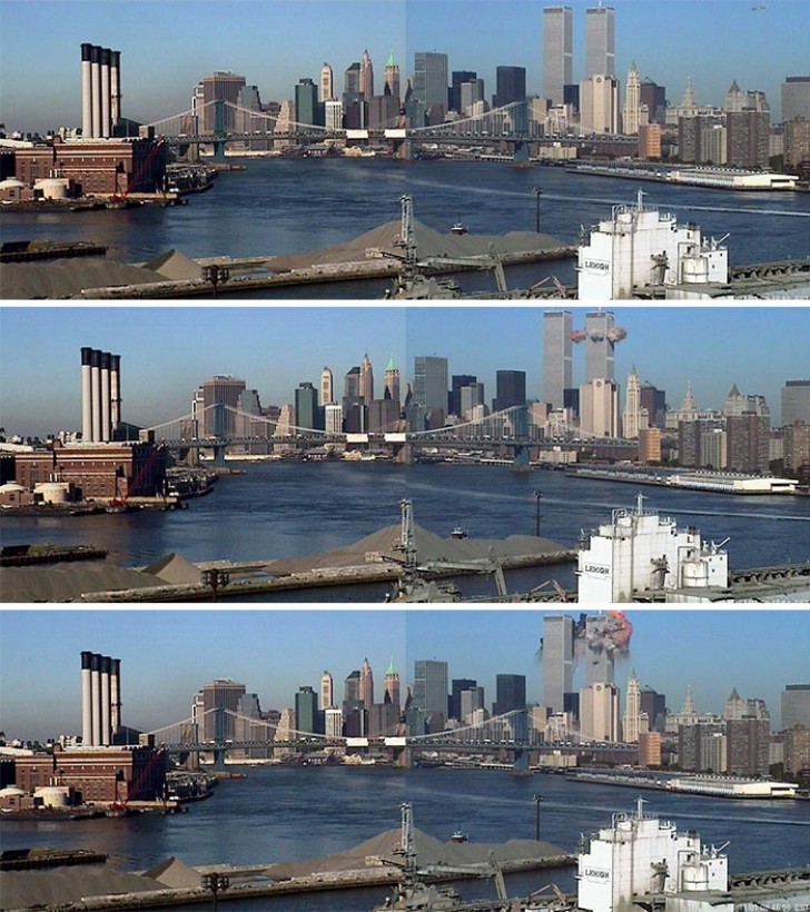 4. Antes e depois doo impacto do American Airlines Flight 11.