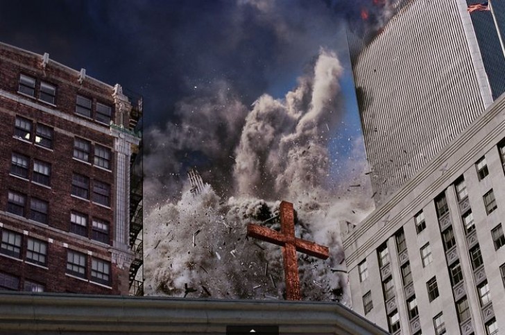 5. The falling ruins of the south tower hit a nearby church.