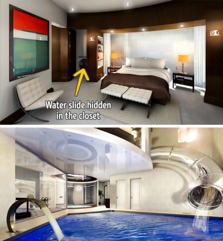 3. Eine Rutsche im Schlafzimmer, die ins Schwimmbad führt.