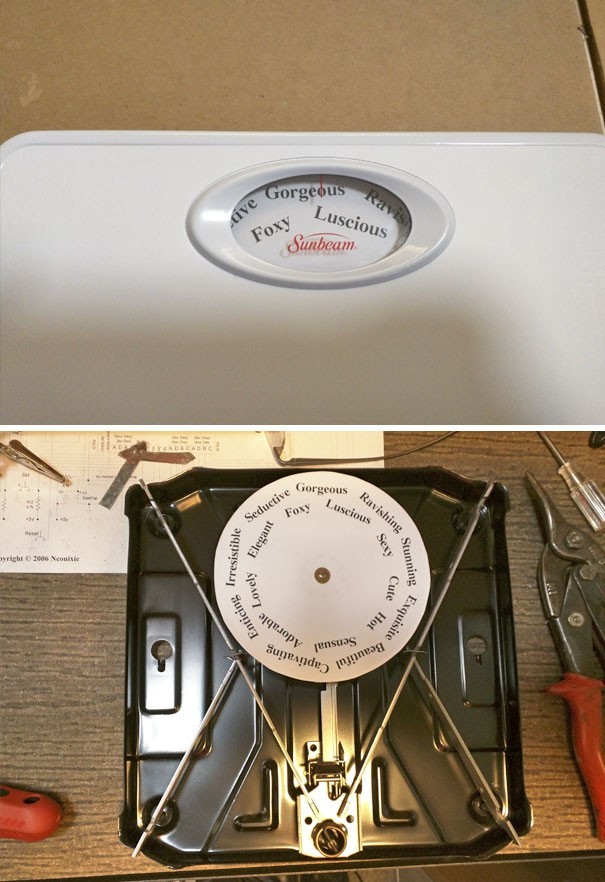 My husband replaced the bathroom scale disk with one that displayed only beautiful words --- goodbye numbers!