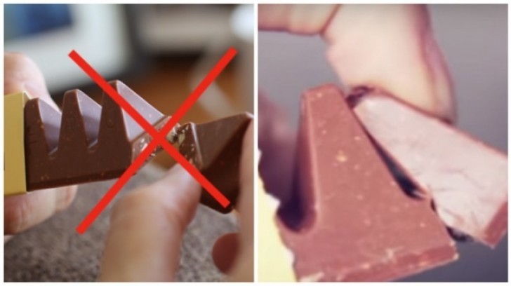 5. Toblerone chocolate --- the characteristic triangles should be broken inward and not outward!