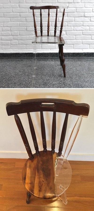 Ein Stuhl, dem fundamentale Stücke fehlen, wird durch eine Kombination aus Glas und Holz ein Kunstwerk.