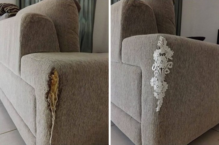 Ein Riss am Sofa kann mit einem Flicken richtig edel aussehen.