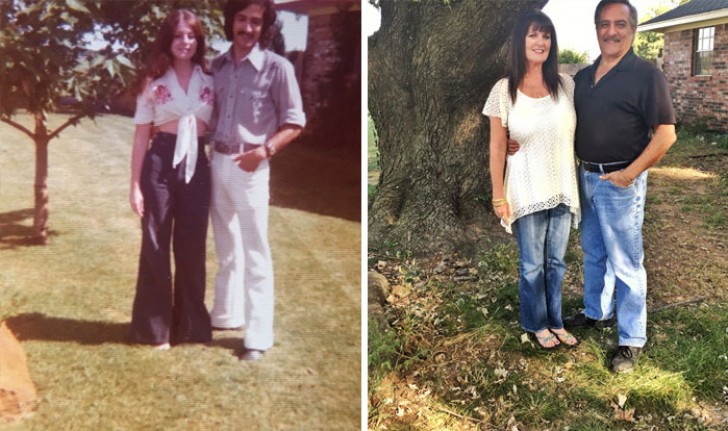 4. I miei genitori accanto al loro albero, nel 1975 e nel 2016.