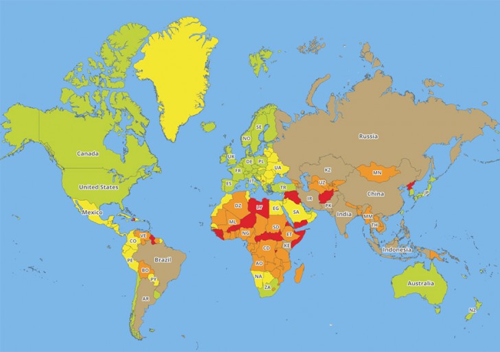Les probabilités de risquer sa vie dans les différents pays du monde sont les suivantes (valables pour 2018)