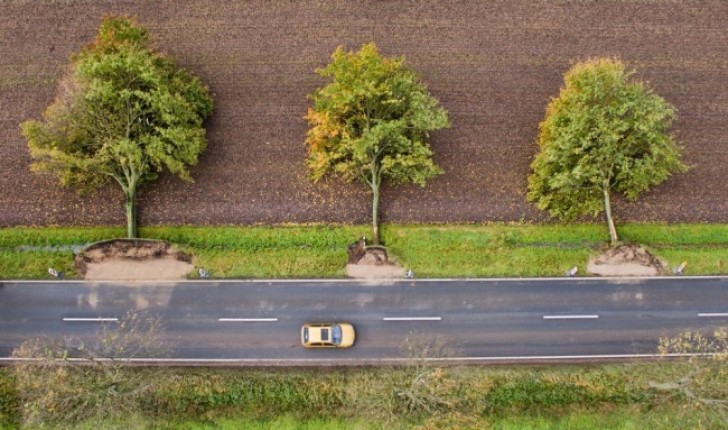 1. Een weg van bovenaf gezien na het passeren van een orkaan