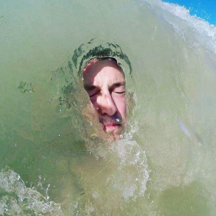 Exactly the moment right before he gets swallowed up by a wave!