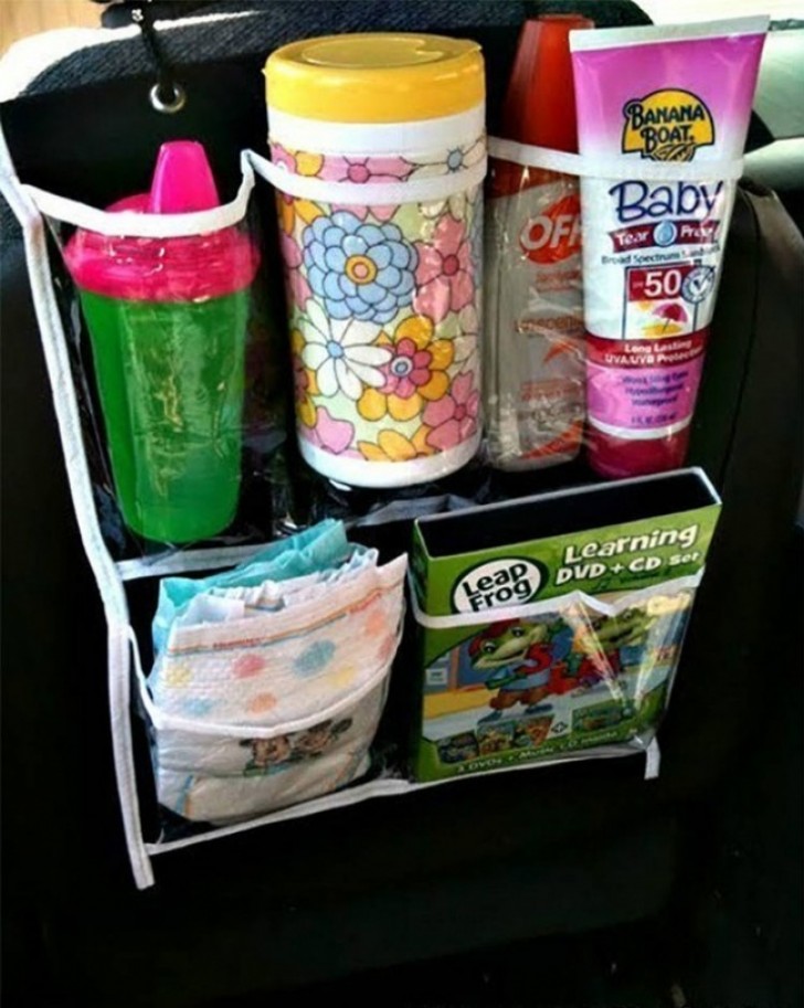 Children in the car? Simplify your life by hanging one of these handy storage racks on the back of a front seat!