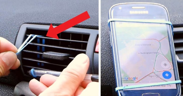 6. Applicando un elastico alla bocchetta dell'aria potrete bloccare il vostro smartphone ed usarlo come navigatore.