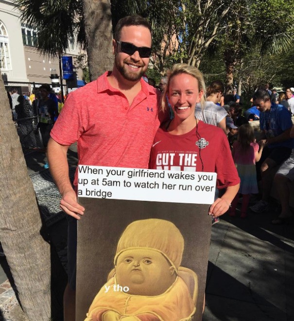 'When your girlfriend wakes you up at five in the morning to accompany her to a marathon!" Now, that is true support from a man who loves you!