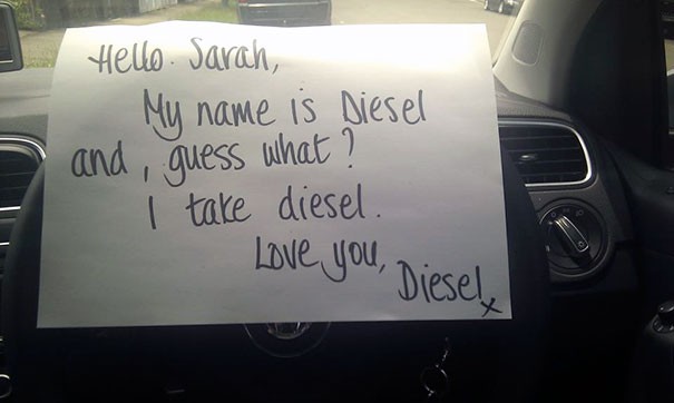 Ciao Sara, il mio nome è Diesel e indovina un po'? Mi alimento a diesel. Con amore, Diesel.
