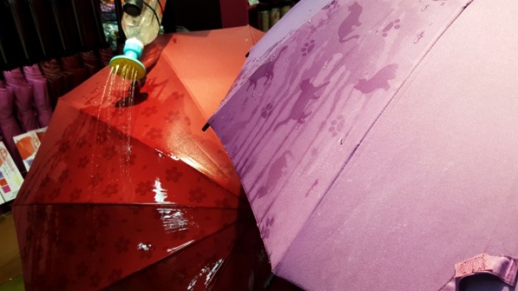 Auf diesen Regenschirmen erscheinen Formen, wenn sie mit Wasser in Berührung kommen.