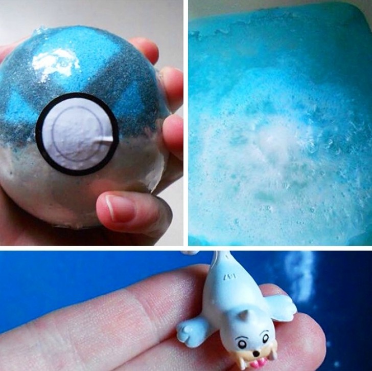 Cette "boule de bain" a la forme d'une boule Pokemon: en la faisant fondre dans l'eau de la baignoire, on obtient un véritable Pokemon.