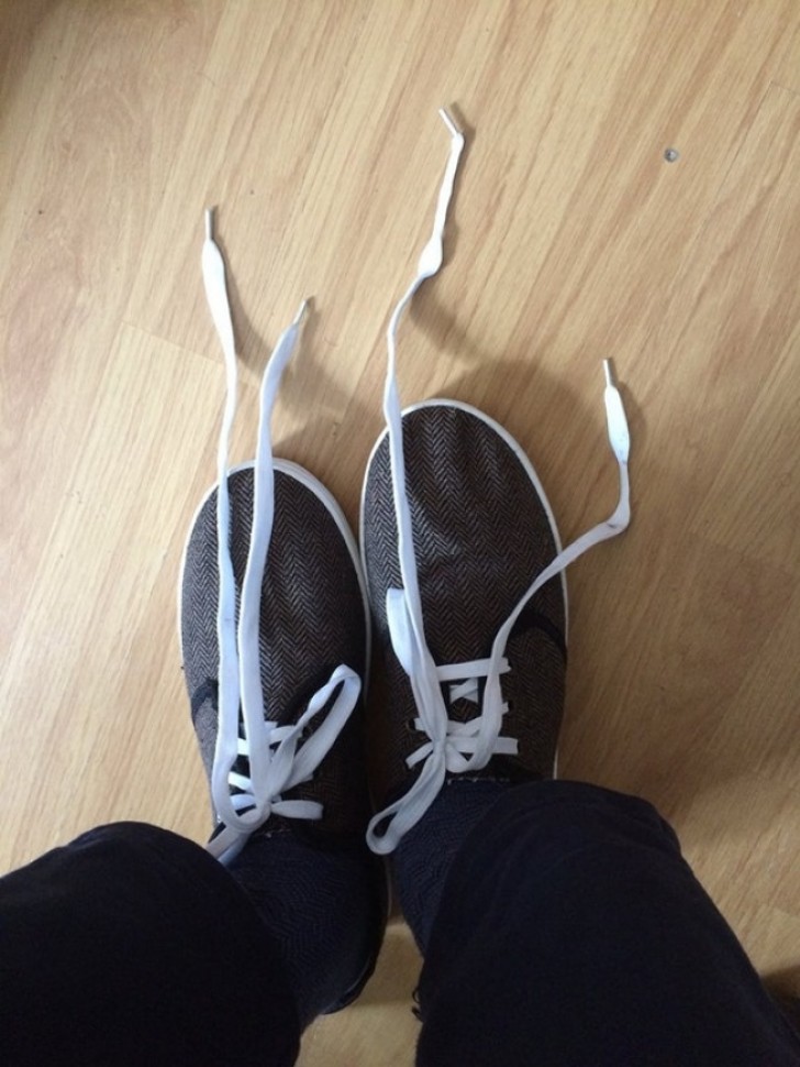 Shoes that have shoelaces that continuously become untied when they are new.