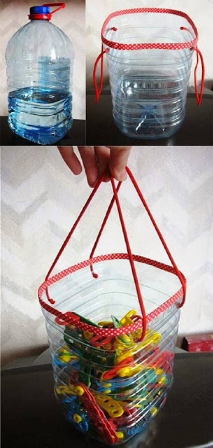 From a large plastic bottle, create a practical container in which you can save or store objects.