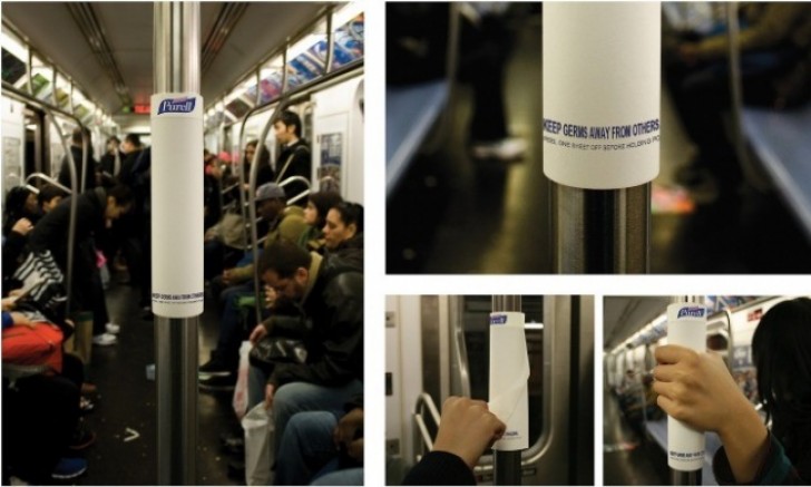 19. Purell si prende cura dei passeggeri della metro proponendo dei sostegni provvisti di salviette usa e getta