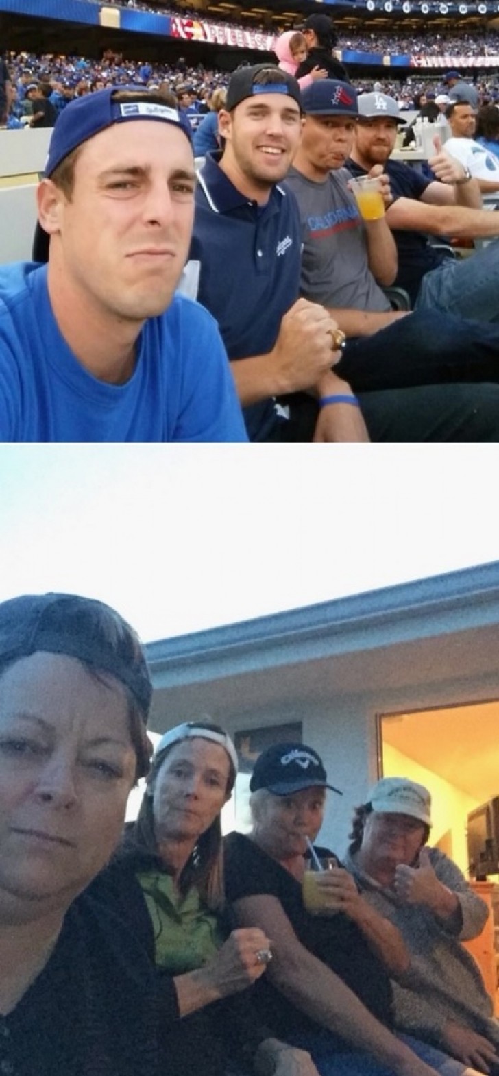 The mothers have recreated the selfie of their adult sons.