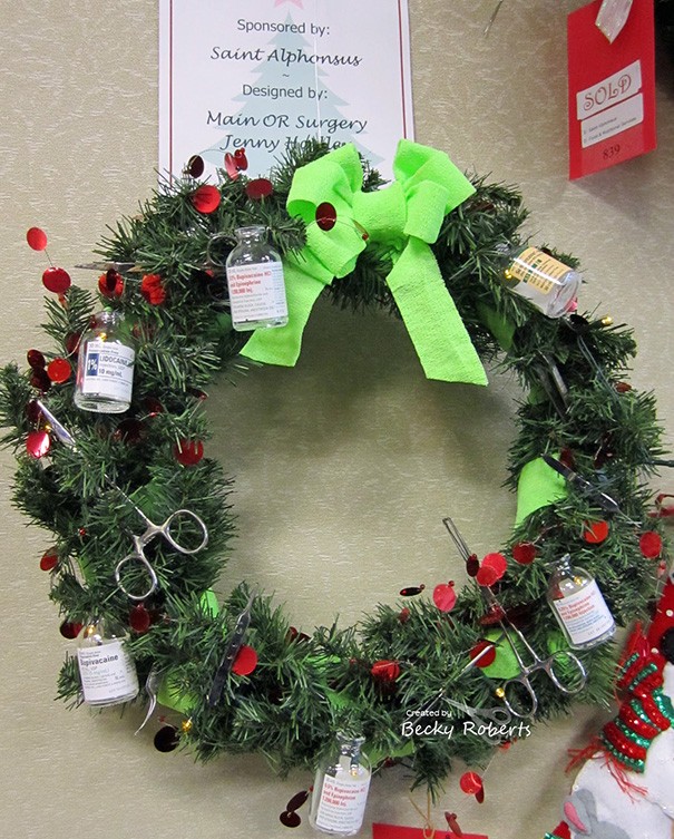 A Christmas wreath made of scissors and IV drips!
