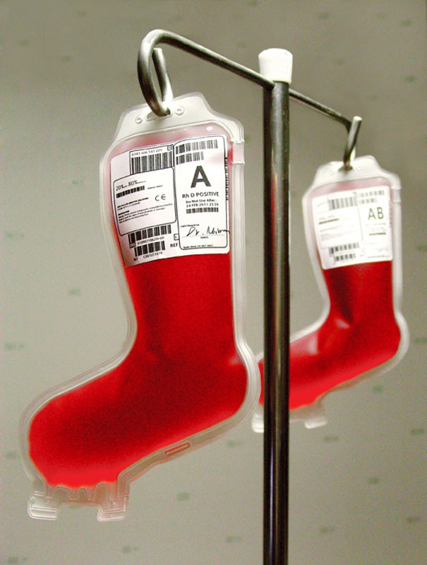 Transfusion bags in the shape of Christmas stockings.