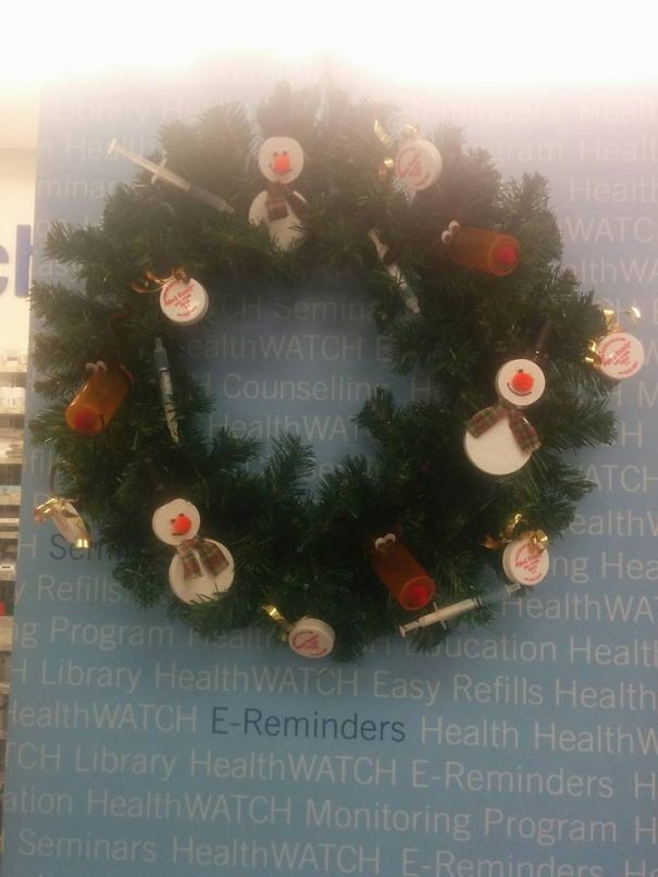 A Christmas wreath created by drugstore employees.