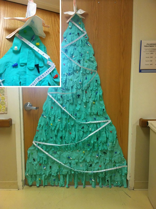 A Christmas tree made of medical gloves.