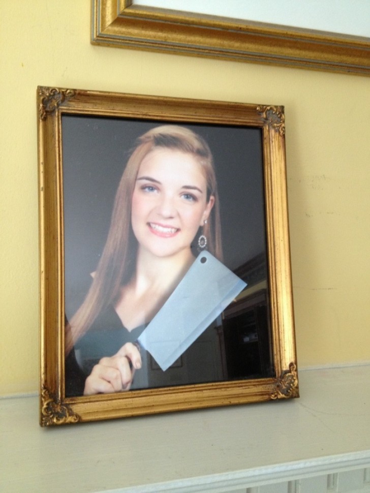 2. A brother who knows how to use Photoshop ... and a sister holding her high school diploma magically becomes a sister holding a huge butcher's cleaver!