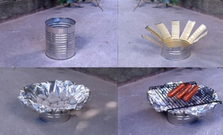 2 - An emergency barbecue grill made with a tin can.