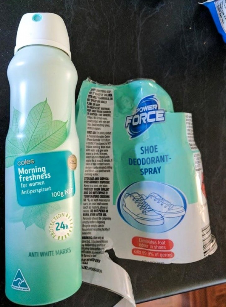 5. Het etiket van de schoenspray halen en erachter komen dat het een deodorant is.