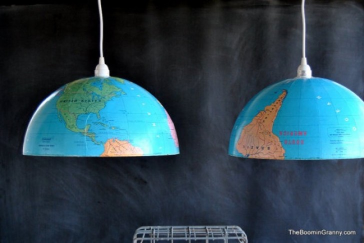 An old globe map becomes a perfect lamp. Indeed two lamps, when you cut it in half!