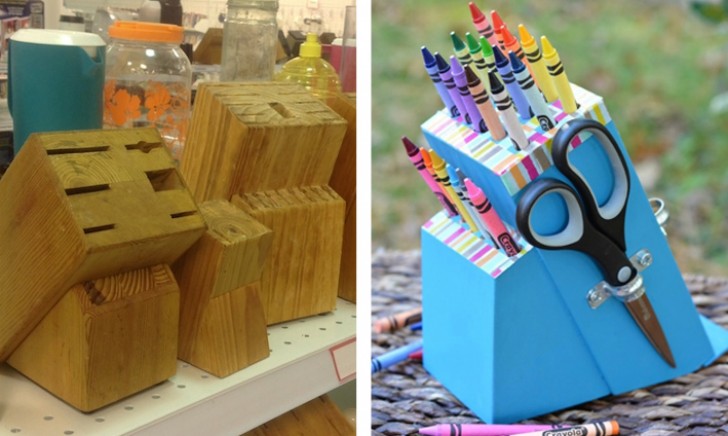 An old knife block turns into a desktop crayon or colored pencil holder!